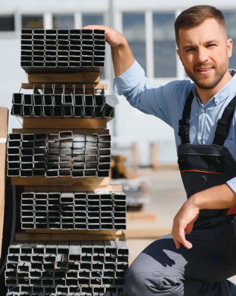 Portrait of factory worker. Young handsome factory worker.